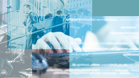 Fotocollage mit Menschen und einer Hand auf der Tastatur