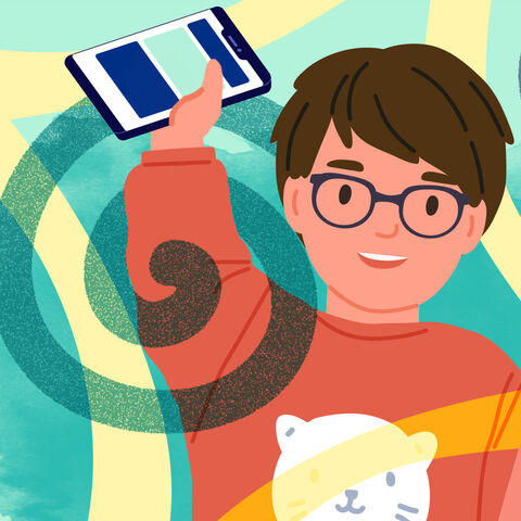 Kind in lustigem Tierpulli hält lachend ein Handy in die Luft, daneben eine Sprechblase. Im Vordergrund sind noch zwei andere Hände, die ein Handy bedienen. 